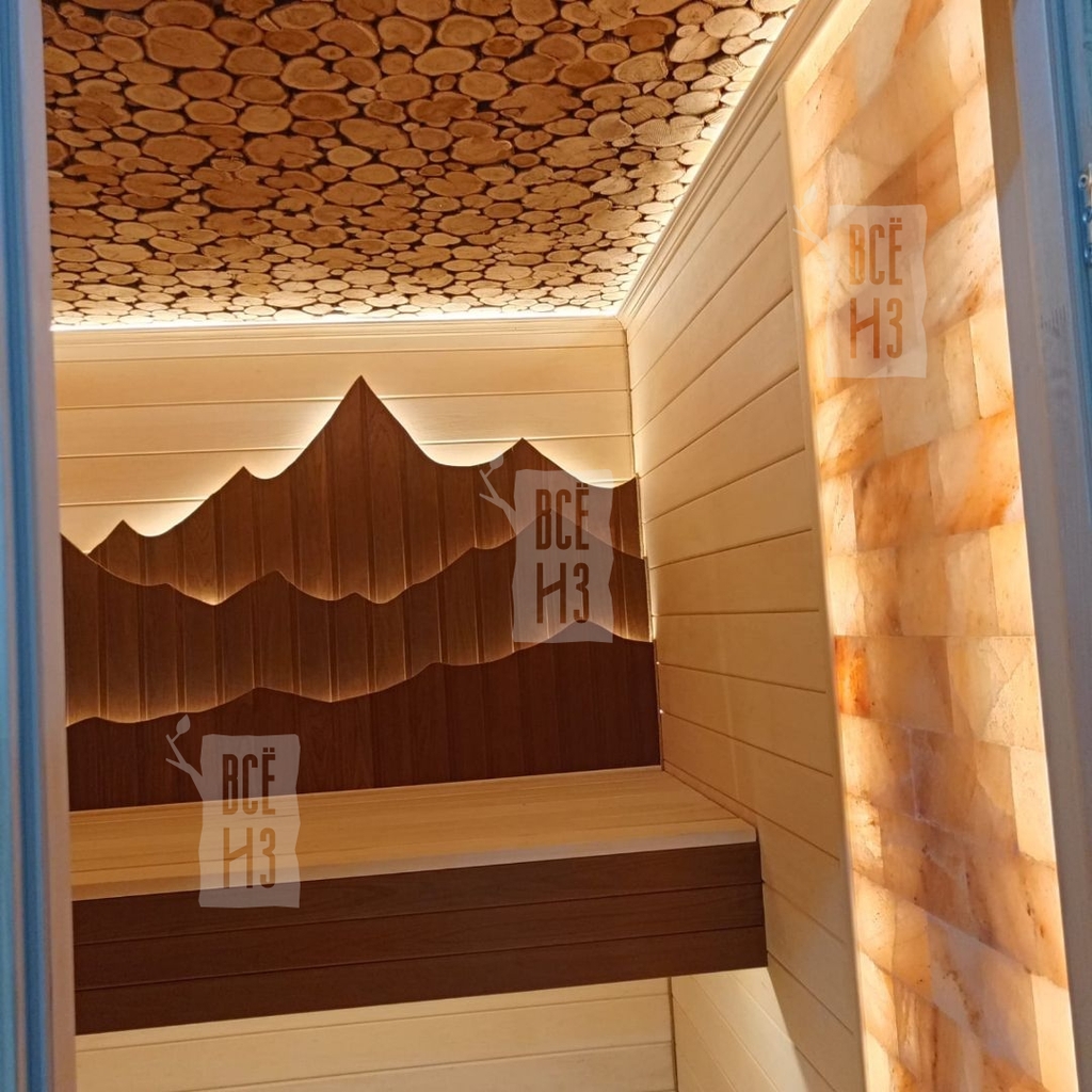 Подсветка между досками в отделке сауны, горная инсталляция из термодревесины